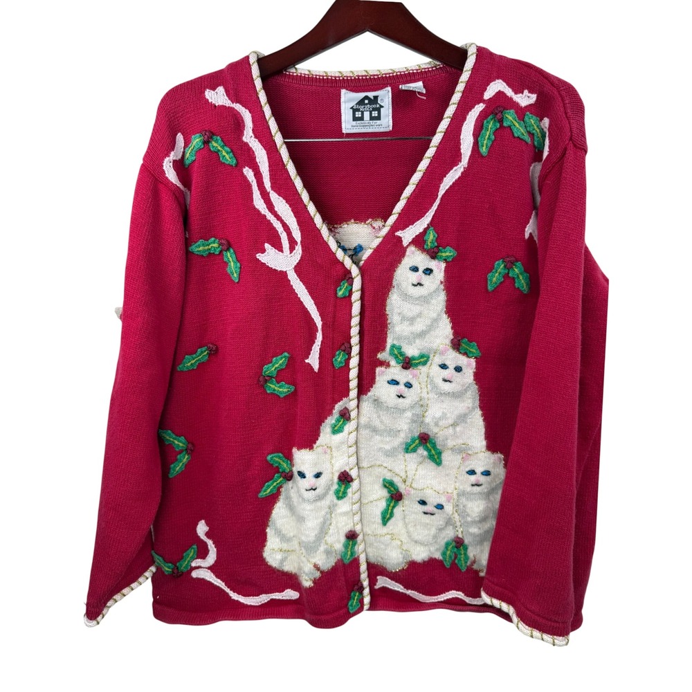 Storybook Knits Womens 1X Red Christmas Siamese Cat Cardigan Sweater